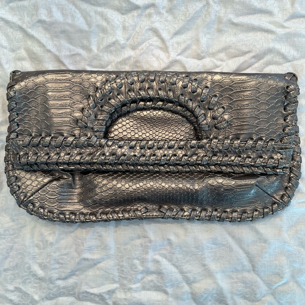 Chic Big Buddha Metallic Clutch with Woven Detail